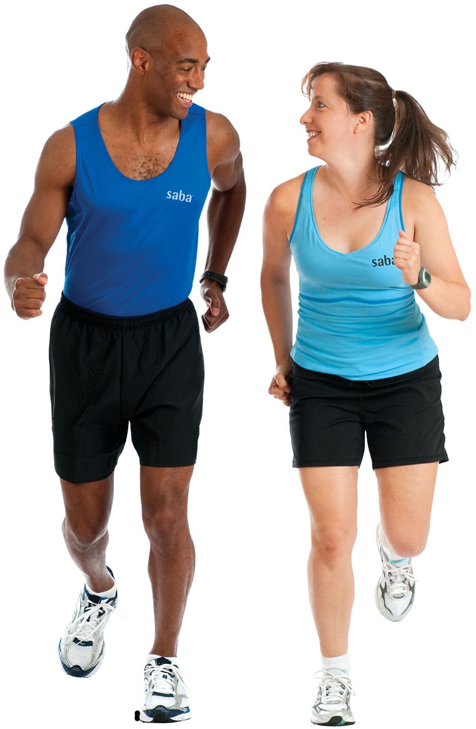 Two people jogging in athletic wear with Saba logos